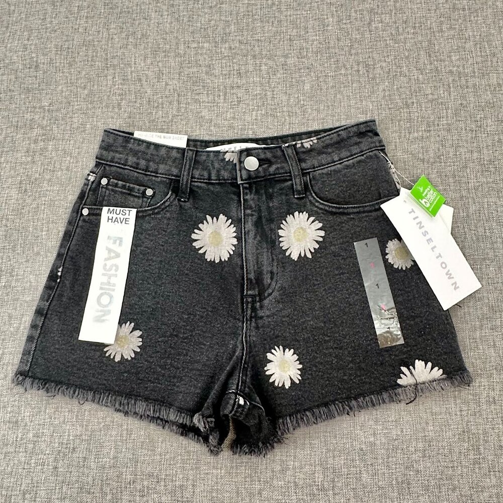 NEW! Tinseltown Floral Momโ Shorts High Rise $34 Fringe Black 1/25 Waist Cotton